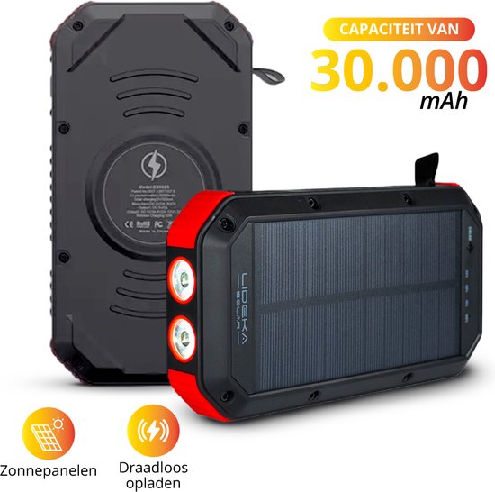 Lideka - Solar Powerbank Charger - 4x USB - USB C - Snel & Draadloos Opladen﻿ - 30.000 mAh - Op Zonne-energie